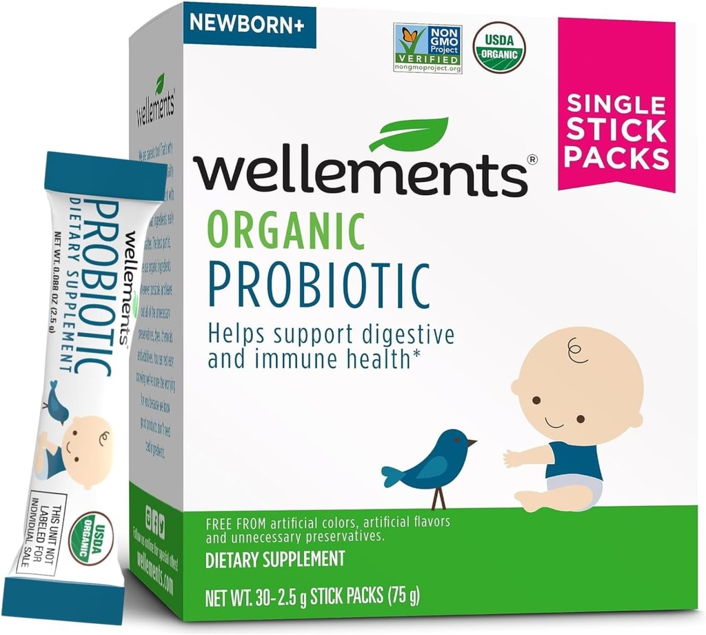 Wellements Organic Probiootikum Pulkpakendid | Toetab imikute, väikelaste ja väikelaste seedetrakti ja immuunsüsteemi tervist | Maitsetu ja lihtne kasutada | Mitte-GMO ja Top 9 allergeenivaba | 30ct