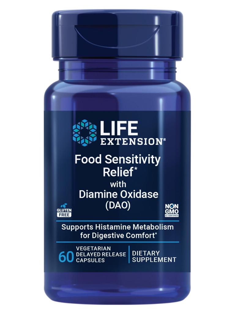 Life Extension Food Sensitivity Relief Diamine Oxidase (DAO), Juhuslik gaas, seedetrakti mugavus, histamiini tundlikkus, DAO Ensüümilisa, Gluteenivaba, mitte-GMO, taimetoitlane, 60 kapslit