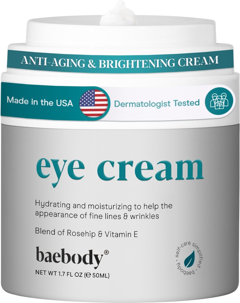 Baebody Valmistatud USA silmakreemis - Vananemisvastane ja niisutav silmakreem tumedate ringide ja kortsude jaoks - Rosehipi ja E-vitamiiniga (1,7 fl oz / 50 ml)
