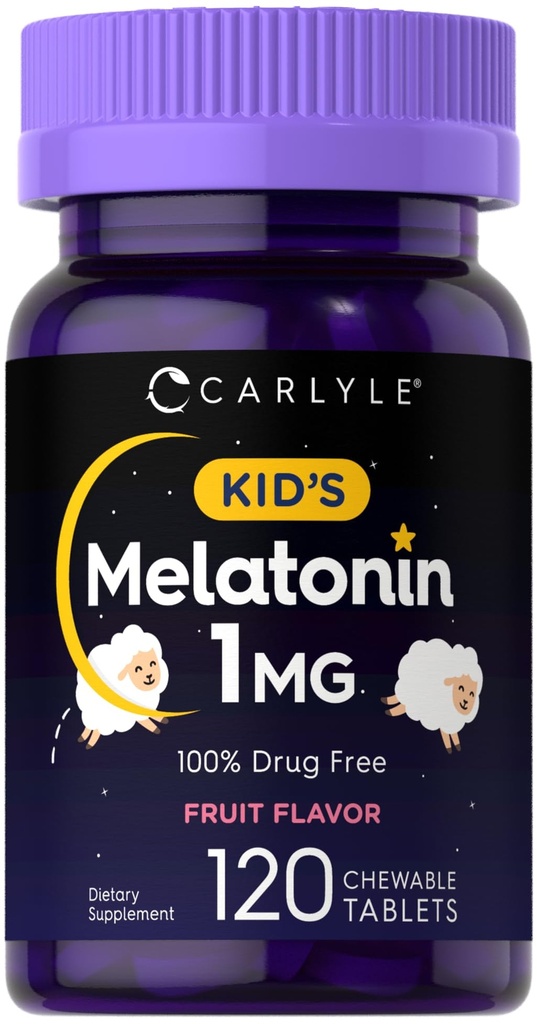 Carlyle Kids Melatoniin 1mg | 120 närimistabletti | Puuviljamaitse | Taimne lisand | Mitte-GMO, Gluteenivaba valem