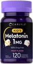 Carlyle Kids Melatoniin 1mg | 120 närimistabletti | Puuviljamaitse | Taimne lisand | Mitte-GMO, Gluteenivaba valem