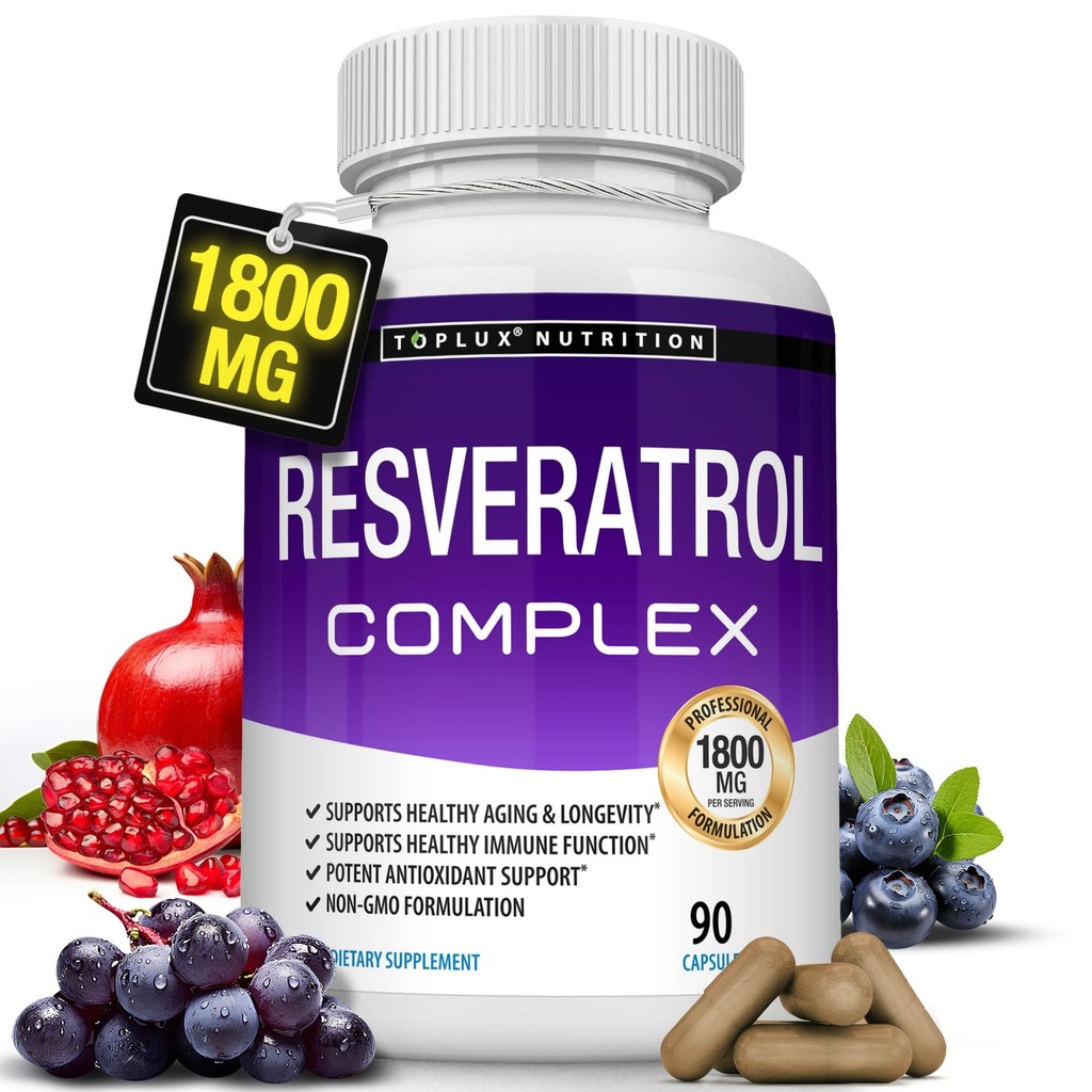 Resveratrooli lisand 1800 mg antioksüdandi kompleks - väga tugevad looduslikud trans-resveratrooli tabletid tervislikuks vananemiseks, üldine tervisetoetus, immuunsüsteem, ajufunktsioon, naistele, 90 kapslit
