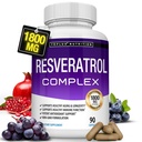 Resveratrooli lisand 1800 mg antioksüdandi kompleks - väga tugevad looduslikud trans-resveratrooli tabletid tervislikuks vananemiseks, üldine tervisetoetus, immuunsüsteem, ajufunktsioon, naistele, 90 kapslit