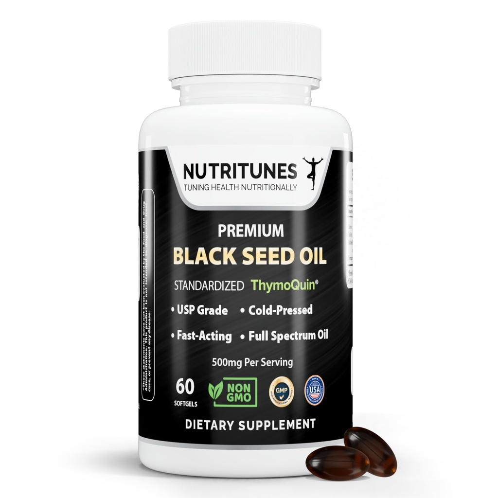Musta seemne õli 3% tümokinoon standardiseeritud - kliiniliselt õppinud, USP klass, külmpressitud Nigella Sativa ThymoQuin, Non-GMO - 60 Softgels