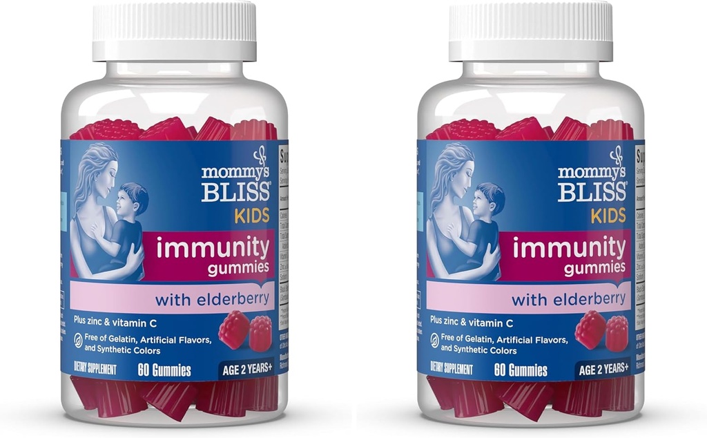 Emme Bliss Kids Elderberry Gummies, toetab immuunsust musta leedri marja, tsingi ja C-vitamiini, gluteenivaba ja veganiga, vanus 2 aastat + (60 loend) (pakk 2)