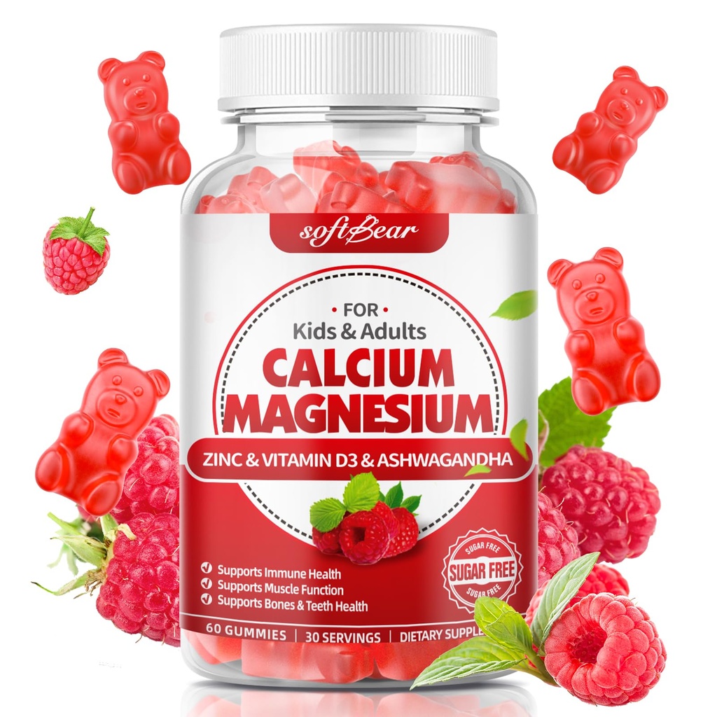 pehmekaru Kaltsium Magneesium Tsink Gummies naistele, Kaltsium Magneesium Lisa D3-vitamiini Luu tugevus, Vegan / Suhkruvaba, Vaarika Maitse 60 Count