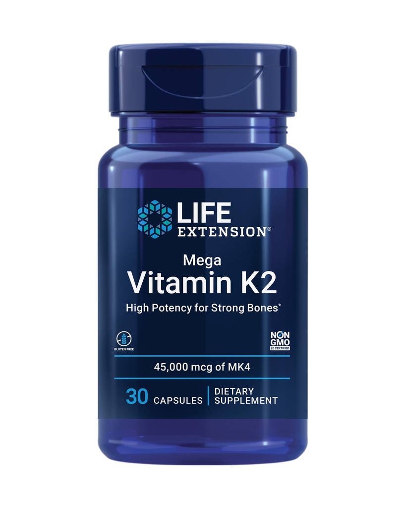 Elu pikendamine Mega Vitamiin K2 Suur potentsi tugevate luude jaoks, kliiniliselt uuritud 45 mg K2 annus, soodustab tervislikku luutihedust, gluteenivaba, mitte-GMO, 30 kapslit