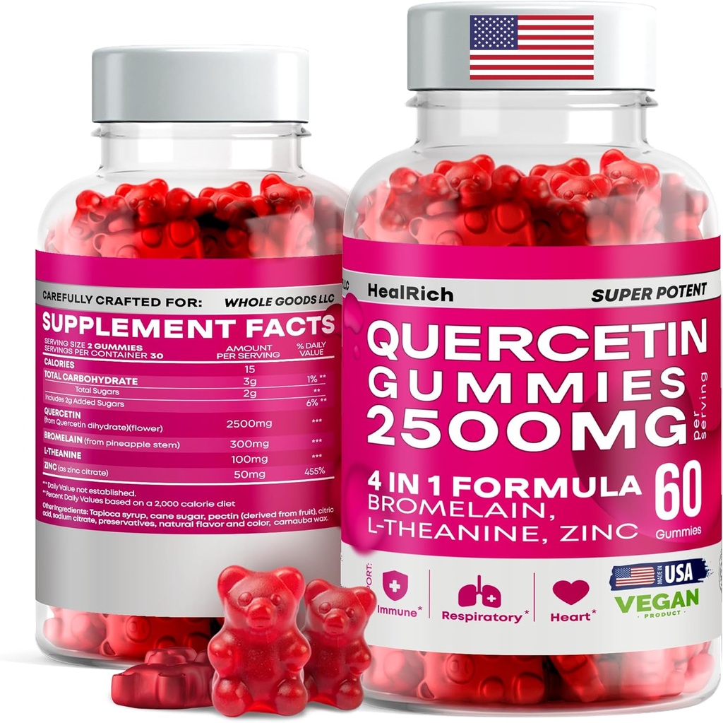 Quercetin Gummies - 2500MG koos Bromelain, L-Theanine - Immune Support Gummies Allergy Relief & Lung Health lastele ja täiskasvanutele