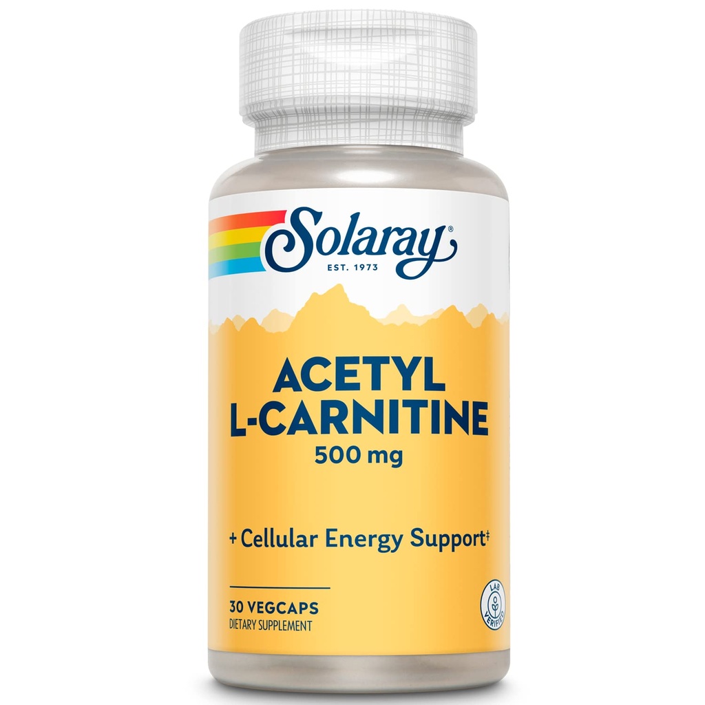 SOLARAY Atsetüül L-karnitiin 500 mg | Tervislik rakuline energia, mälu, meeleolu ja südame-veresoonkonna tugi | 30 VegCaps