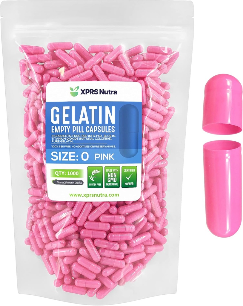 XPRS Nutra suurus 0 Tühjad kapslid - 1000 loend Tühjad želatiinkapslid - pillid DIY kapsli täitmine - puhas Veise geel kapslid Do-It-Yourself täiendused (Pink)