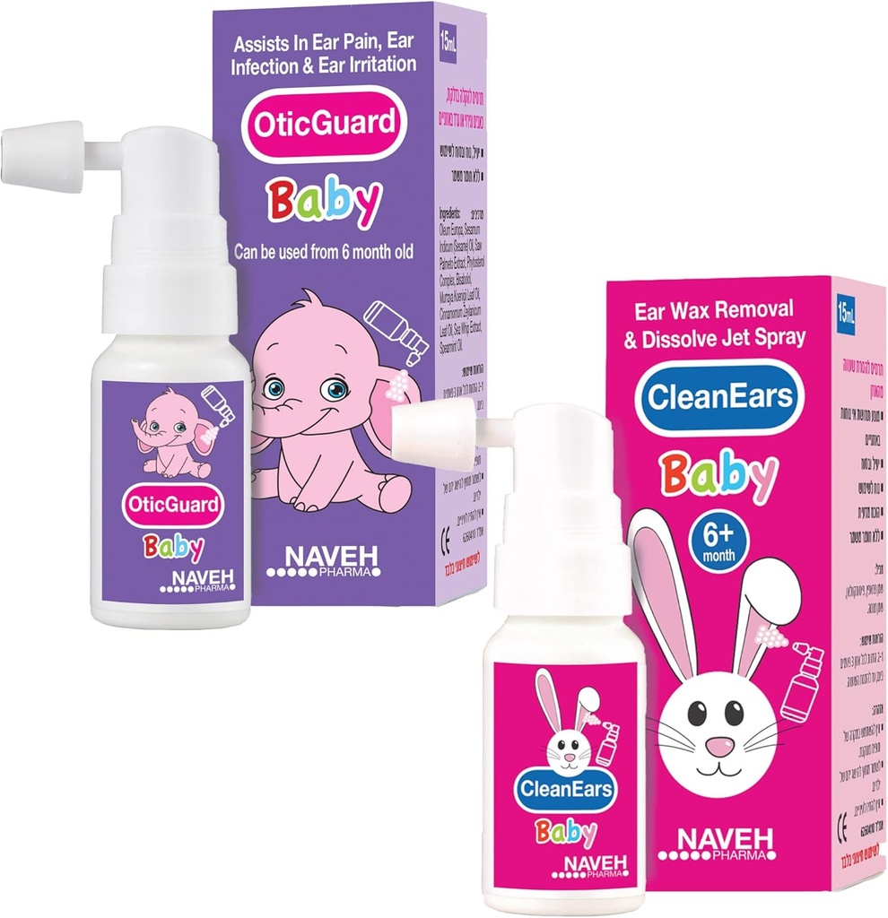 1 Unit Naveh Pharma CleanEars Baby Earwax Eemaldamine Spray 1 Fl Oz + 1 Unit of NAVEH PHARMA Otic Guard Baby kõrvainfektsioon Spray 0, 5 Fl Oz