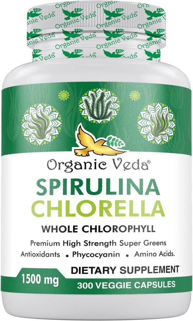 Organic Veda Spirulina & Chlorella Capsules, 1500mg, 300 Count - Spirulina Chlorella Capsules with Super Green Antioxidants, Phycocyanin, Amino Acid - Boost Immunity, Energy, Support Digestion