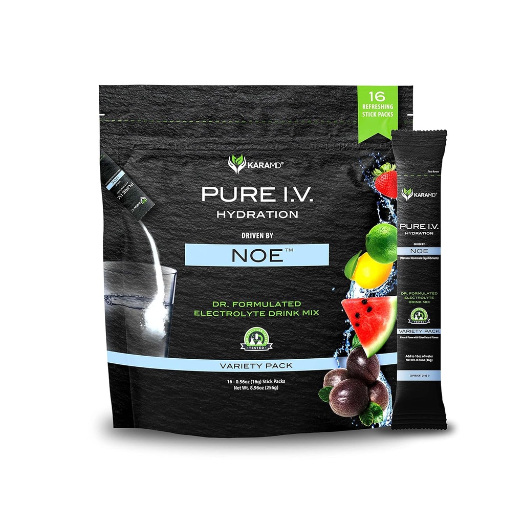 KaraMD Pure I.V. - professionaalselt formuleeritud elektrolüüt 4 maitsestatud sordi pulbri joogisegu - värskendav ja maitsev hüdrateeriv pakett vitamiinide ja mineraalidega - 4 maitse sordi - 1 kott (16 pulka)