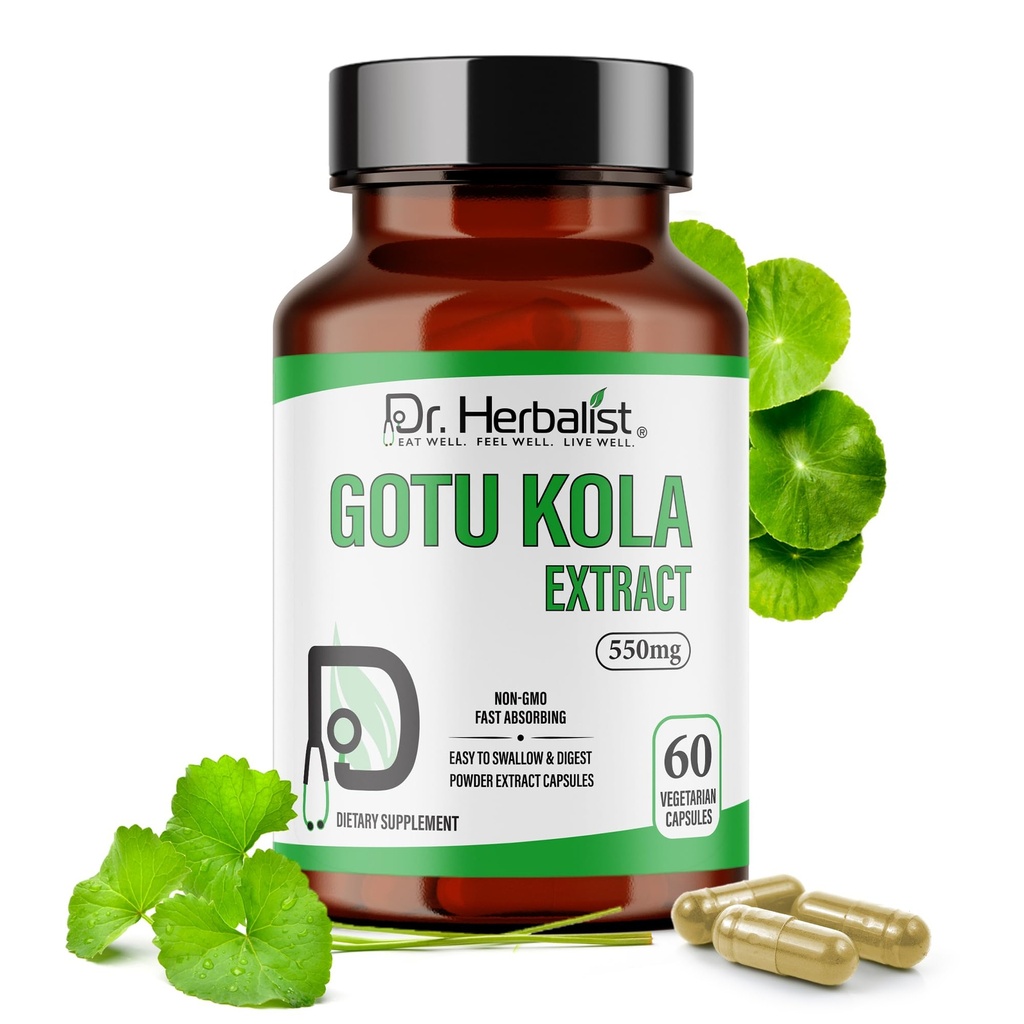 DR. Herbalist Gotu Kola ekstrakt 550mg – 60 Vegankapslit | 10: 1 Ekstrakt = 5500mg toores ürdi | Premium kvaliteet | Mitte-GMO, Gluteenivaba | igapäevane taimetugi | Centella asiatica ekstrakt