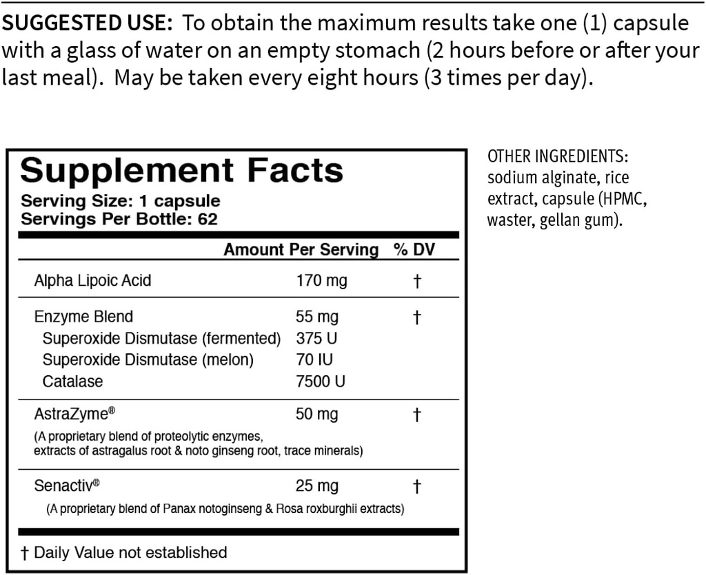USAEnzymes YOUTHXYM 62 viivitusega vabastavad taimetoitlased kapslid, antioksüdantsete ensüümide lisand. 170mg alfa-lipohapet (ALA) + 50mg AstraZyme, et suurendada valgu seedimist.