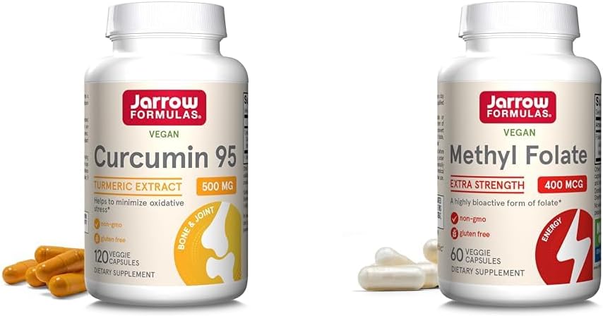 Kitsad valemid Kurkumiin 95 500mg ja Metüülfolaat 400mcg Antioksüdant ja südame-veresoonkonna tervise tugi Toidulisa Bundle, 120 ja 60 Veggie kapslit