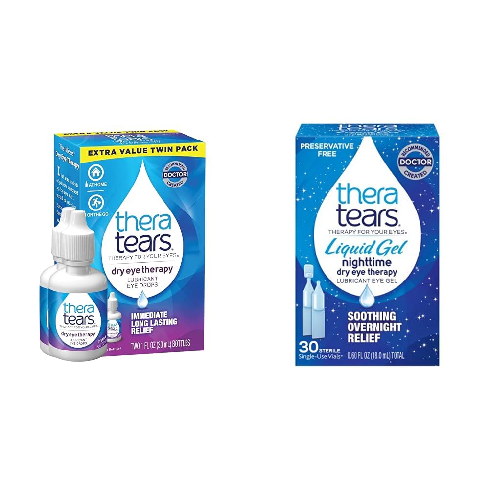 TheraTears Kuiv Silmateraapia Määrdeaine Silmatilgad Kuivad Silmad, 1 fl oz Pudel Twin Pack, (2 x 30 ml Pudelid) & Vedel Gel Öine Määrdeaine Silmatilgad Kuivad Silmad, Ühekordselt Kasutatavad Viaalid, 30 Count
