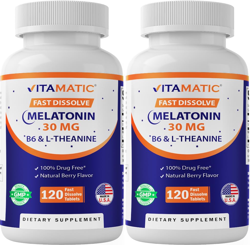 Vitamaatiline melatoniin 30 mg - B6 & L-Theanine - 120 kiiret lahustamist loodusliku marja maitsega tabletid (2 tablettide annus = melatoniin 60 mg) (120 loend (2 pakendis))