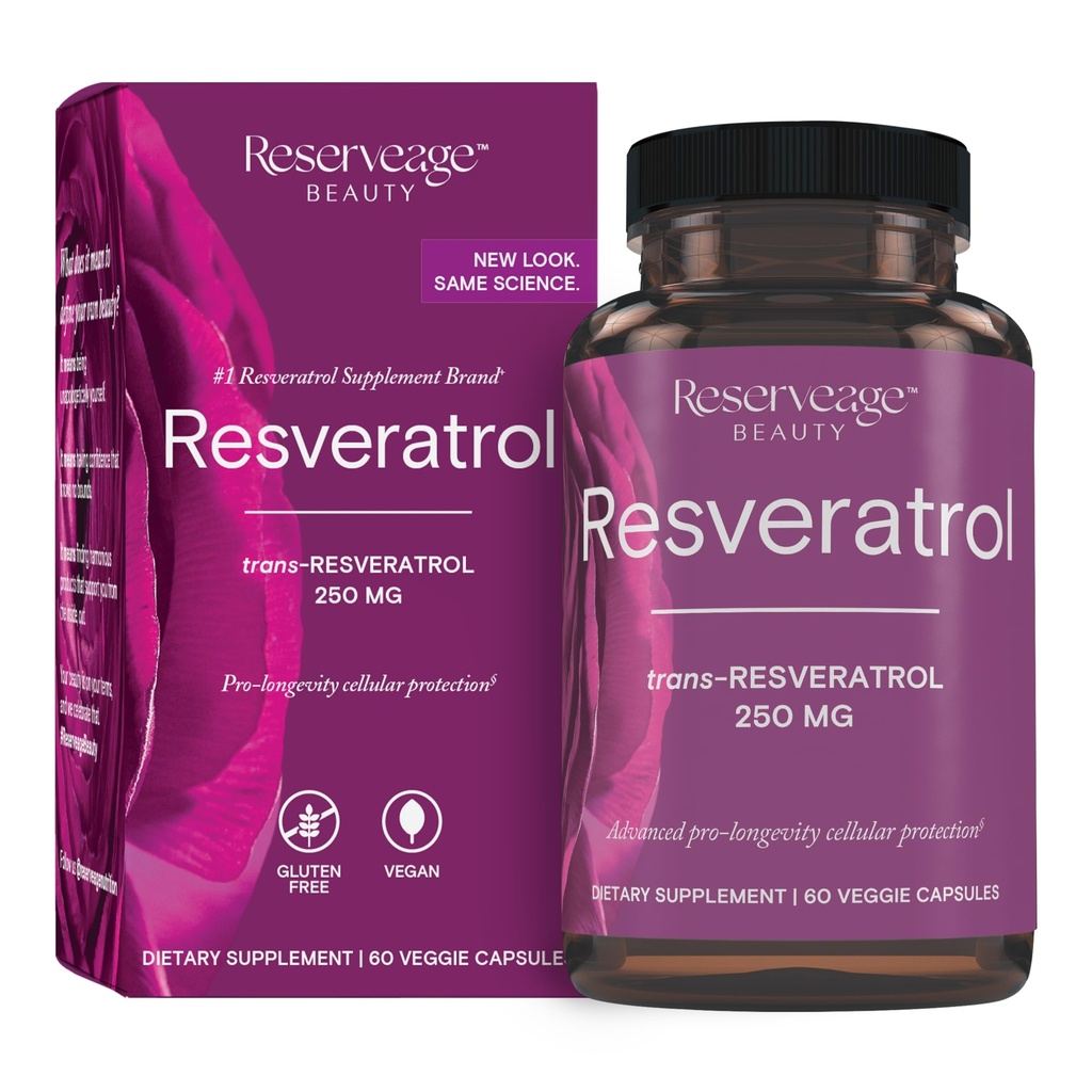 Reserveage Beauty Resveratrol 250 mg - parim trans-resveratrool - Vegan Antioksüdandi lisand raku- ja südametervisele - Aitab tervislikul vananemisel ja immuunsusel - 60 köögiviljakapslit