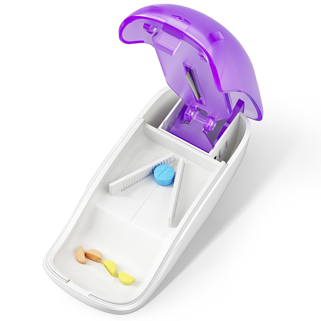 Pill Cutter Splitter väikestele ja väikestele pillidele, pillide lõikamine vitamiinide tablettide lõikamiseks pooleks, pillide jagunemine plaatkaitsega, lilla