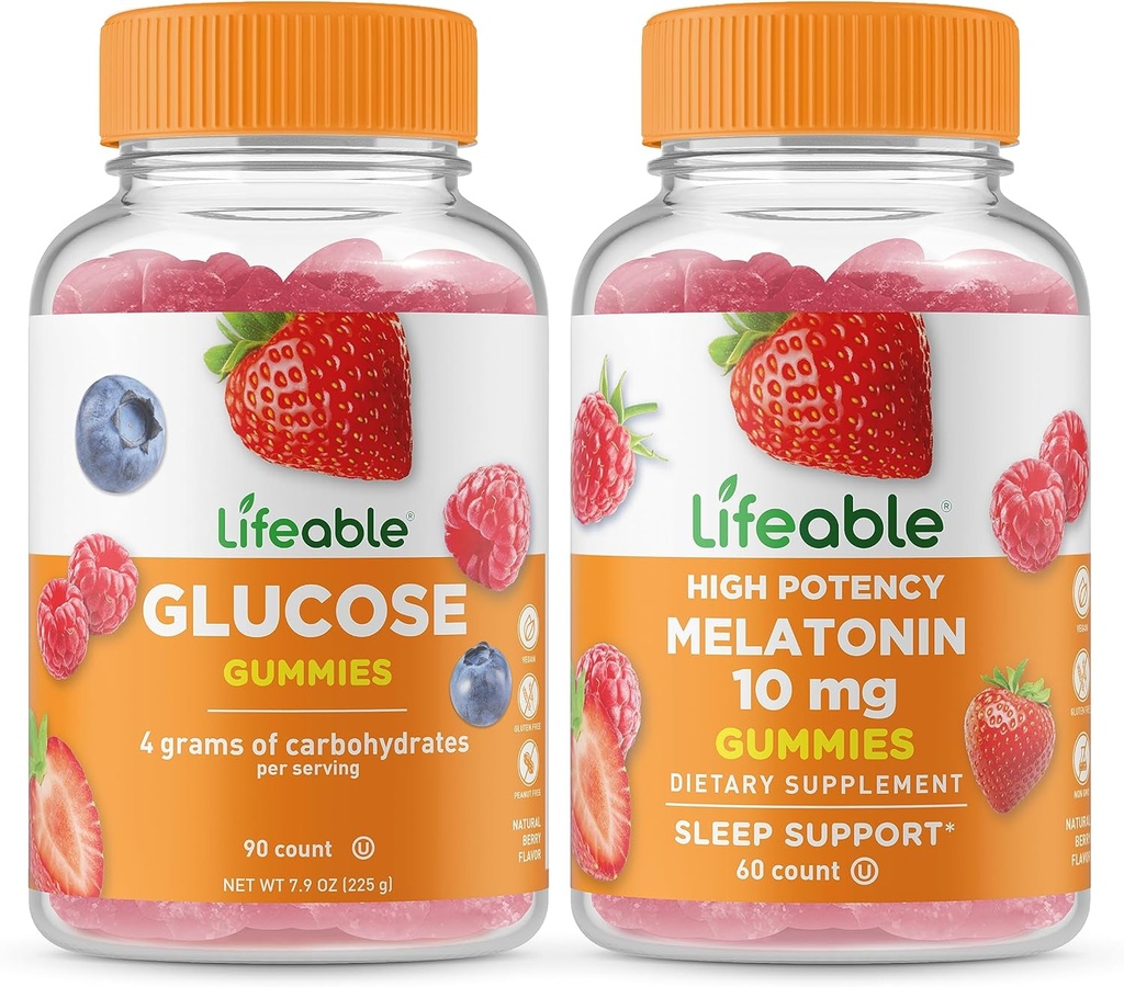 Elujõuline glükoos + melatoniin 10 mg, Gummies Bundle - suurepärane maitse, vitamiinilisand, Gluteenivaba, GMO-vaba, närimiskumm