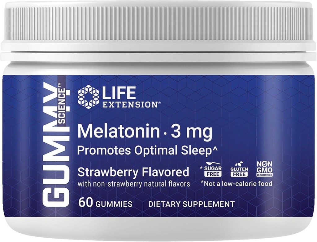Life Extension Gummy ScienceTM Melatoniin (Maasikas), 3 mg, Optimal Sleep Support, Tervislik ööpäevase rütmi, Cellular Defense, Gluteenivaba, Non-GMO, Taimetoitlane, 60 Gummis