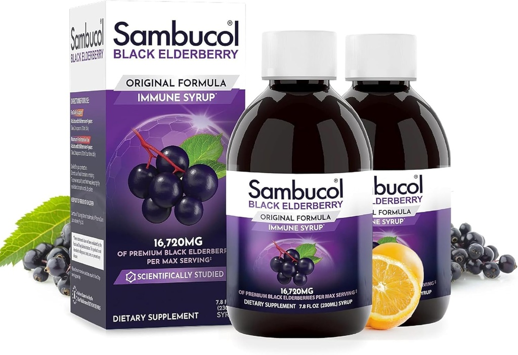 Sambucol Black Elderberry Syrup - Sambucus Syrup, Black Elderberry Liquid, Immune Support for Kids and Adults, High Antioxidants, Gluteenivaba - Original Formula, 7.8 Fl Oz, 2-Pack