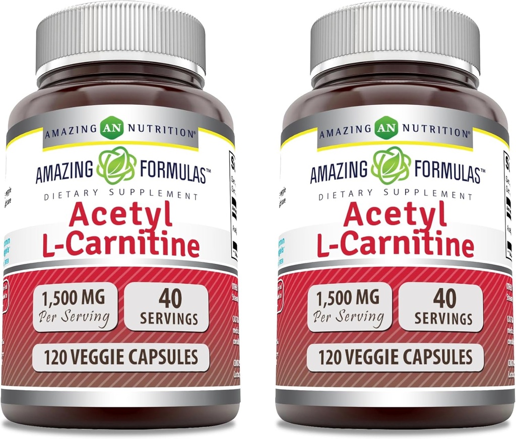 Hämmastav valem Atsetüül L-karnitiin 1500 Mg ühe serveeritava köögiviljakapsli kohta | Mitte-GMO | Gluteenivaba | Valmistatud USAs | Sobib taimetoitlastele (120 loend) | Pakend 2