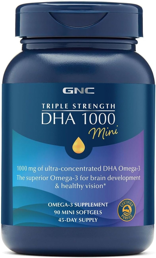 GNC kolmekordne tugevus DHA 1000 Mini Omega 3 lisand, 1000mg, Ultra kontsentratsioon, kõrge tugevus, toetab aju arengut ja tervislikku visiooni, Burpless, 90 Mini Softgels, 45 SVG, 45 päeva pakkumine