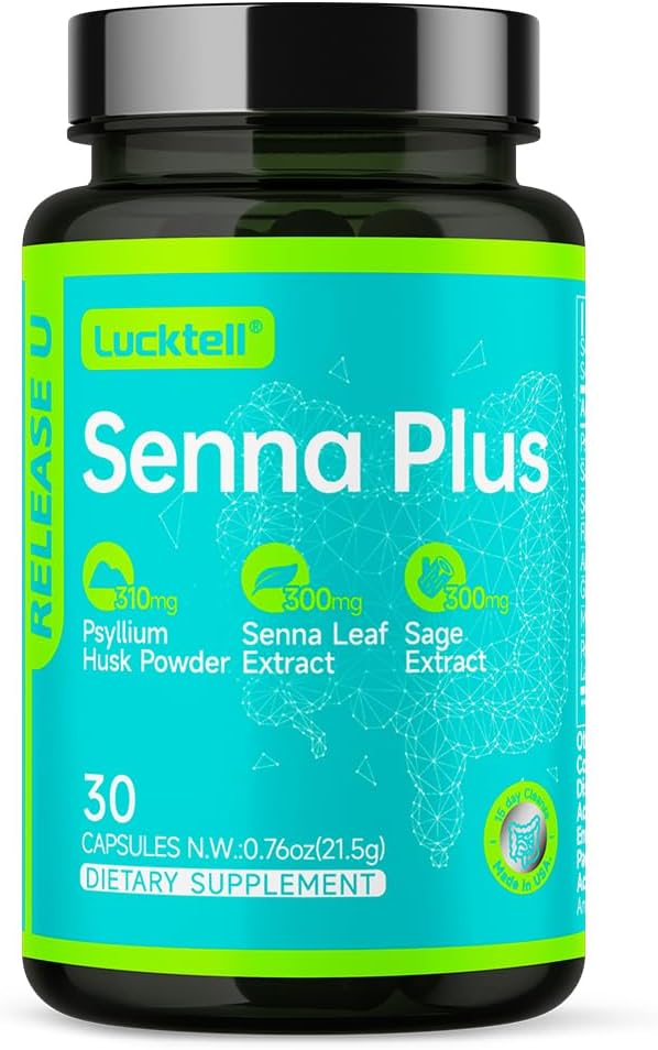 LuckTell Senna Plus 15-päevane puhastamine - õrn soolestiku puhastamine Senna, Cascara Sagrada, Psyllium Husk & MCT õliga naistele ja meestele, looduskolonni puhastamine probiootikumidega, valmistatud USAs, 30 kapslit
