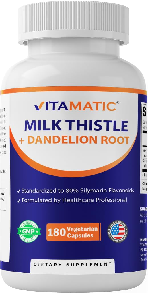 Vitamatic Milk Thistle 50: 1 Extract 500mg, Dandelion Root 50: 1 Extract 100mg, 180 Taimekapslid, Non-GMO, Gluteenivaba