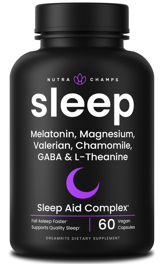 NutraChamps 10-in-1 Natural Sleep Aids täiskasvanutele - melatoniin, sidrun Balm 1000mg, kummel 400mg, Valerian Root 600mg, L Theanine, L Tryptophan, GABA, Magnesium Sleep Aid