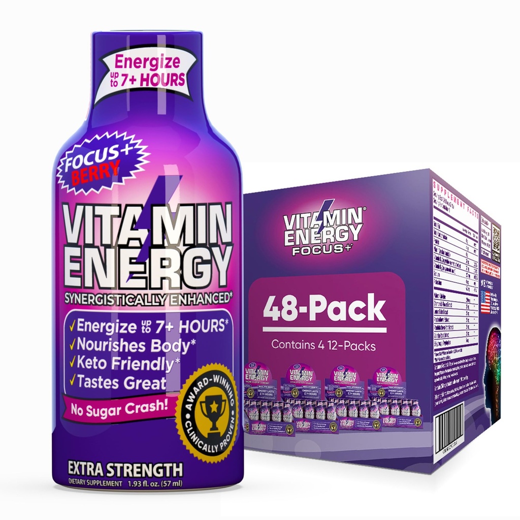 Vitamiinienergia fookus + ekstra tugevus energia Shot Berry 48 Pack, 260mg looduslik kofeiin, B-vitamiinid, CoQ10, Aminohapped, fookus, tootlikkus ja selgus, nullsuhkur, gluteenivaba, 1,93 fl oz