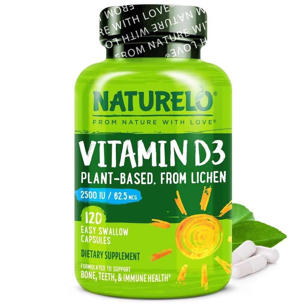 NATURELO D-vitamiin - 2500 RÜ - taim, mis põhineb samblikul - looduslik D3 toidulisand immuunsüsteemile, luude tugi, liigeste tervis - vegan - mitte-GMO - gluteenivaba - 120 kapslit