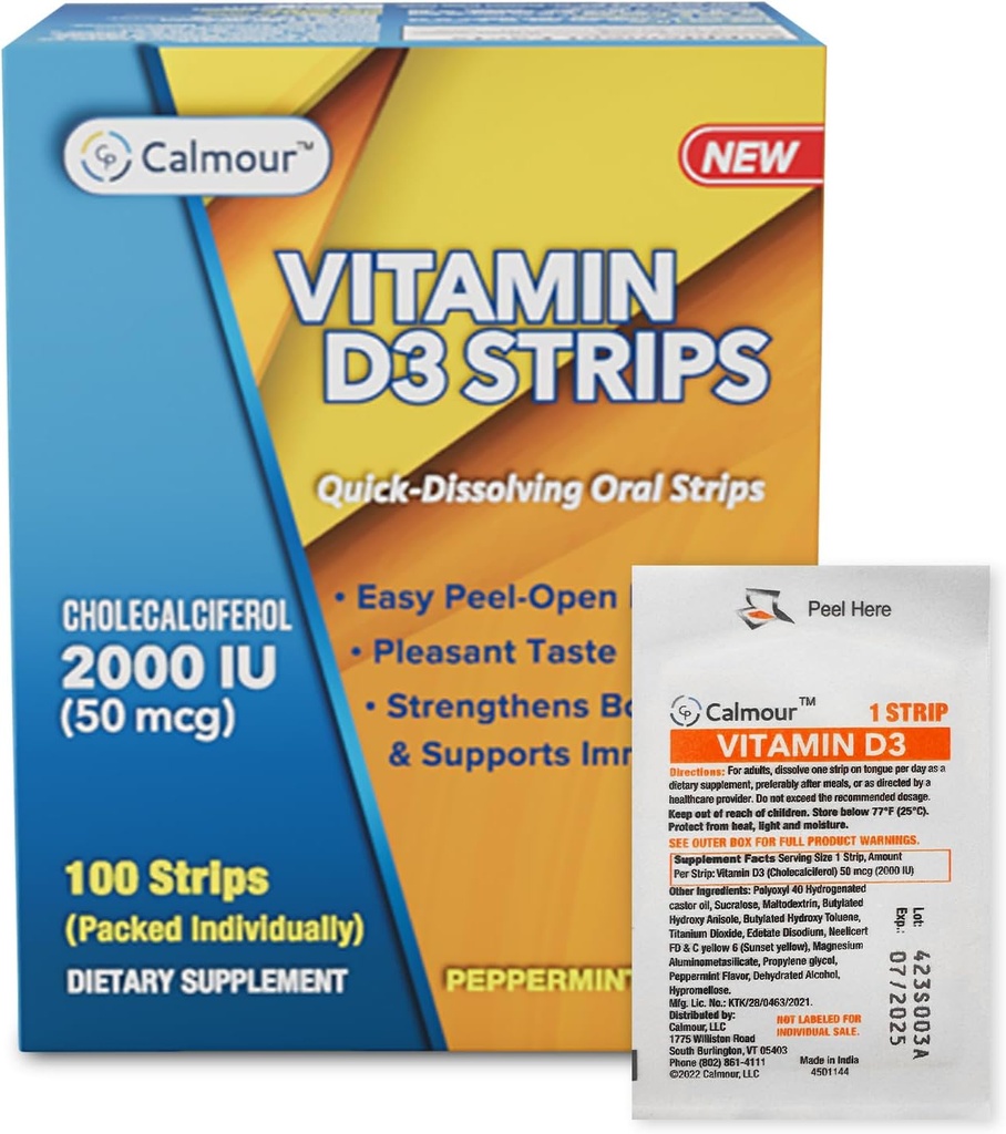 Vitamiin D3 Strips 100 Pack| 2000 RÜ Suukaudne lahustuv D3 vitamiiniribad | Piparmündi maitse sulab keelel 30 sekundiga | Suurenda immuunsust ja suurendab vaimset fookust D3 2000 vitamiiniga