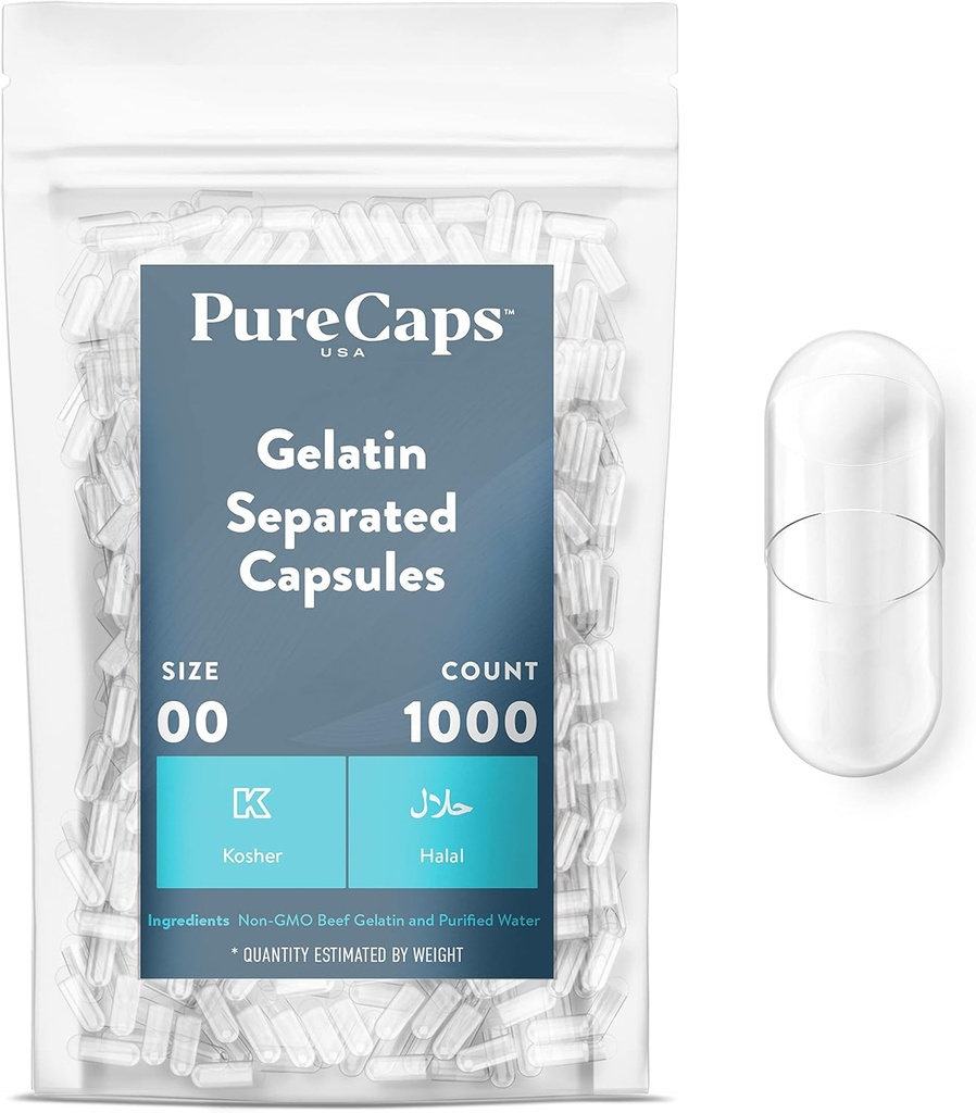 PureCaps USA - Tühi želatiin Kapslid Suurus 00| 1000 Eraldatud Pillid | Selge | Mitte-GMO sertifitseeritud | SLS, Gluteen, säilitusainevaba