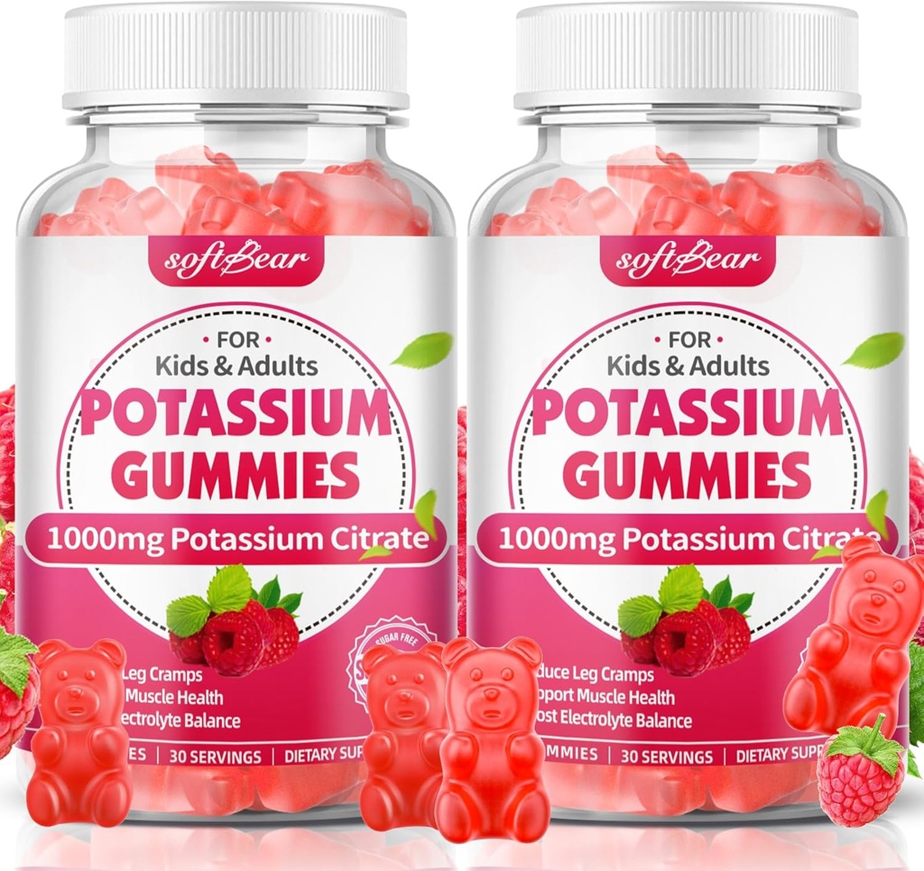 pehmekaru Kaaliumtsitraat 1000mg Gummies – kõrge neeldumise Kaalium Gummies lihaste tugi ja elektrolüütide tasakaalu – Kaaliumilisa naistele ja täiskasvanutele, Vegan, Vaarika Maitse (120 Count)