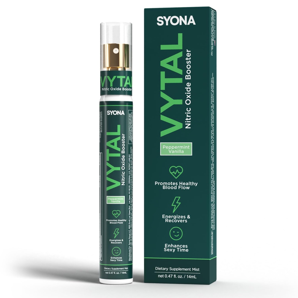 SYONA - VYTAL - Boosting Spray - Kardiovaskulaarsed ja kognitiivsed - Piparmünt ja Vanilla Maitse - B12, B3, L-arginiin - 14 ml Pump Pudel