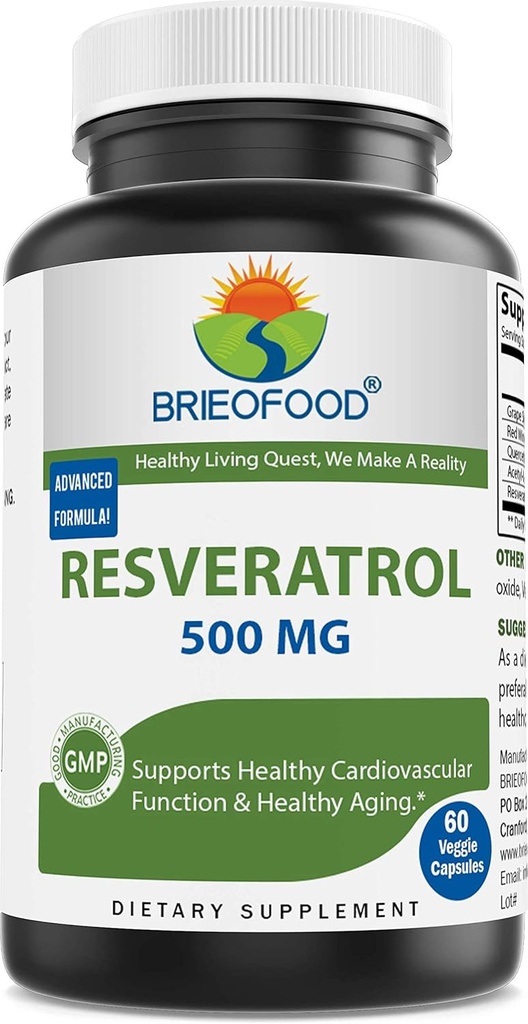 Brieofood Resveratrol 500mg - looduslik antioksüdant täiendada südame-veresoonkonna ja immuunsüsteemi Tervis - 60 Veggie kapslid