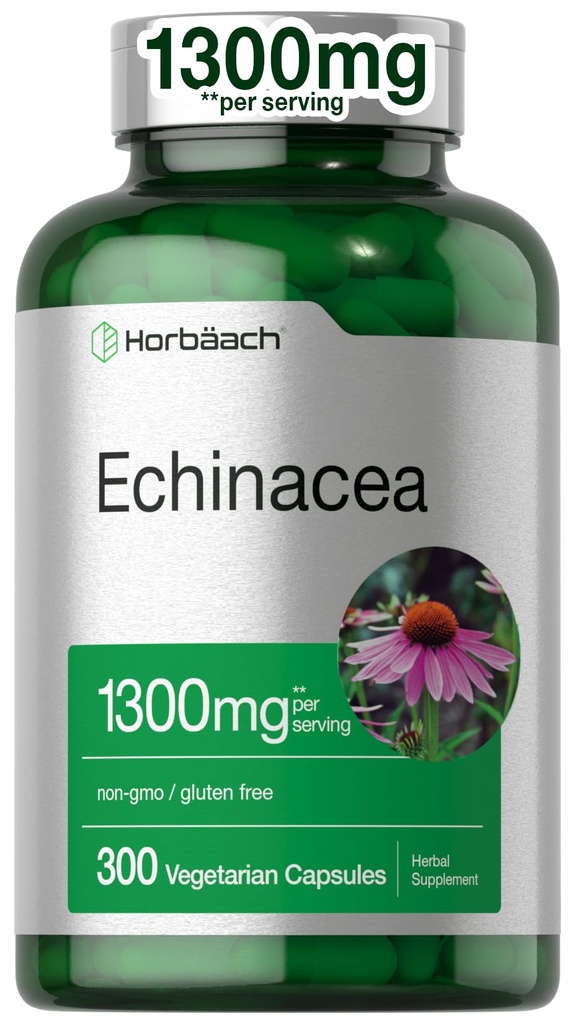 Horbäach Echinacea Extract kapslid 1300mg | 300 Count | Vegan, Non-GMO, Gluteenivaba täiendus