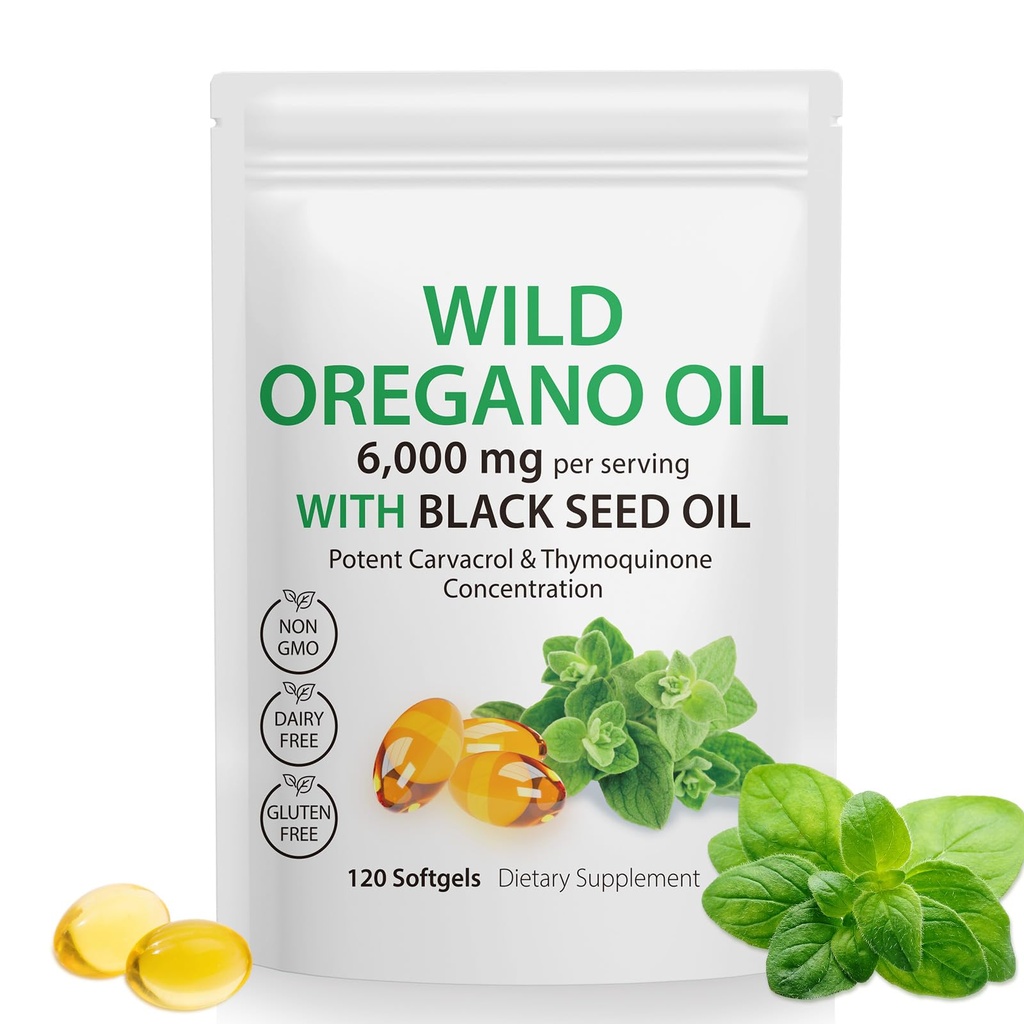 Oreganoõli kapslid Oreganoõli Kapslid Orgaaniline, 2-in-1 6000mg Oregano õli musta seemne õli 200mg, Oregano õli musta seemne õli Softgels, 120 Softgel kapslid