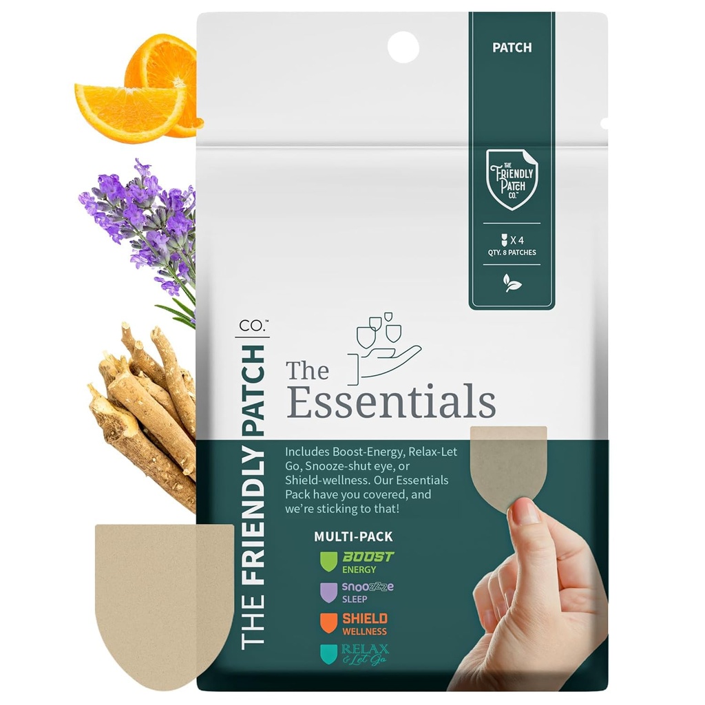 Friendly Patch Travel Essentials Multi-Pack sisaldab 8 paiku: Snooze Sleep Patches, Ashwagandha rahulikud plaastrid, Boost Energy Patch ja Shield Patches magamiseks, lõõgastumiseks ja energiaks.