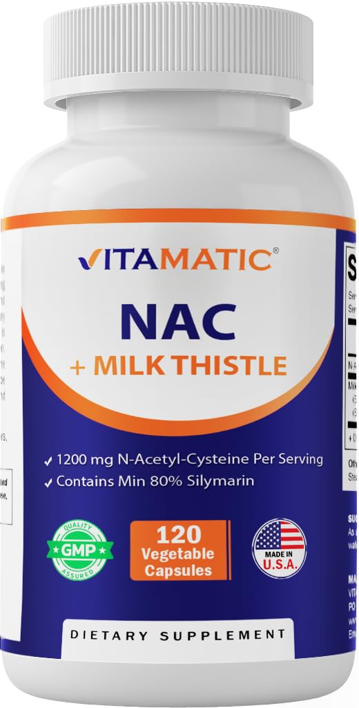 Vitamatic NAC Supplement N-atsetüül-L-Cysteine (NAC) koos piimaohakaga 50: 1 Ekstrakt - toetab immuunsust, hingamist, maksa tervist, 1200 mg ühe serveerimise kohta, 120 Veg kapslit