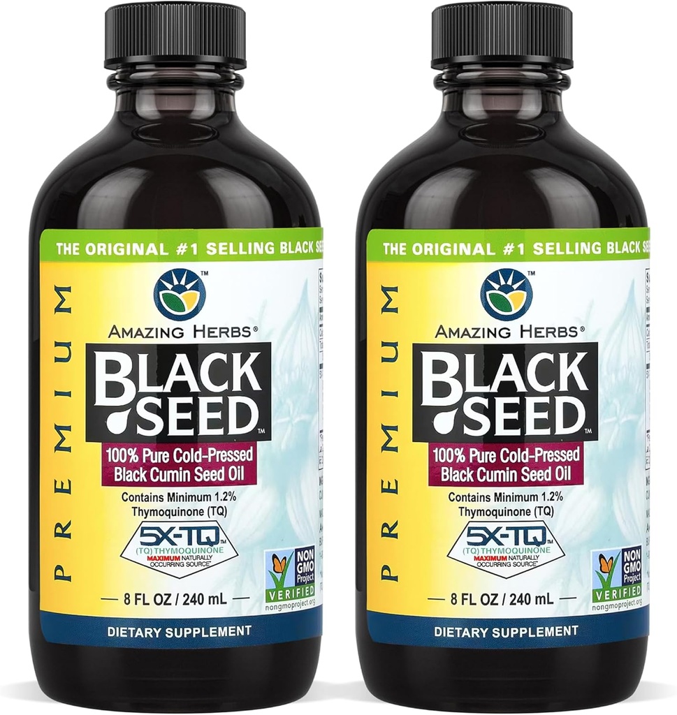 Hämmastavad maitsetaimed Premium Black Seed Oil - Gluteenivaba, Non GMO, Külmpressitud Nigella Sativa Aids in Seedetrakti Tervis, Immuunsüsteemi Toetus, Ajufunktsioon - 8 Fl Oz (pakk 2)