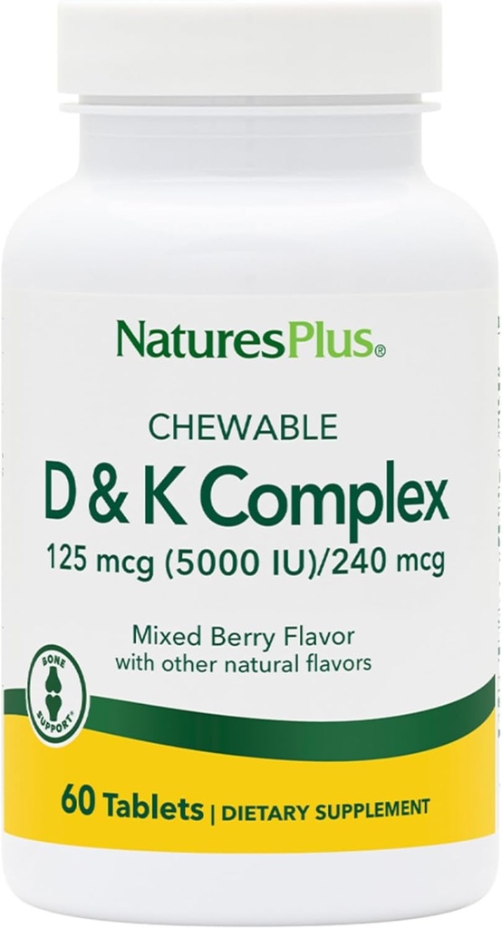 Natures Plus D & K kompleks - 60 segatud marja närimistables - toetab kaltsiumi metabolismi - taimetoitlane, GMO-vaba, sojavaba - 60 serveerimist