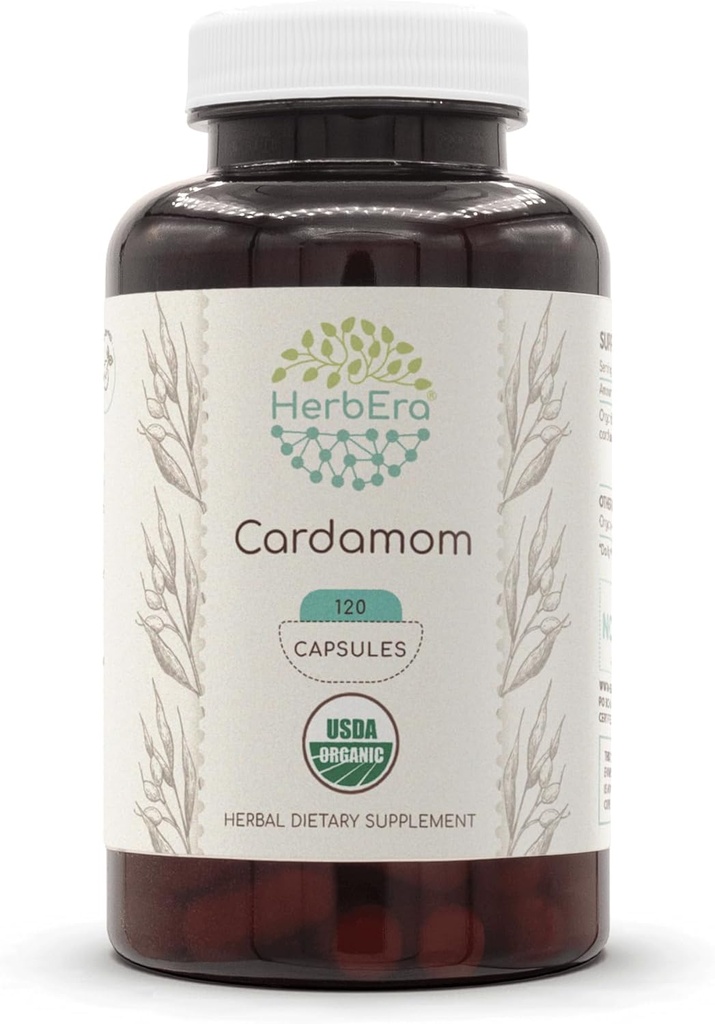 HerbEra kardemon USDA Orgaaniline 120 kapslit | Looduslik taimne lisand | Sertifitseeritud orgaanilised taimetoitlased kapslid ja orgaaniline kardemon (Elettaria cardamomum) Kuivatatud kaun (120 kapslit)
