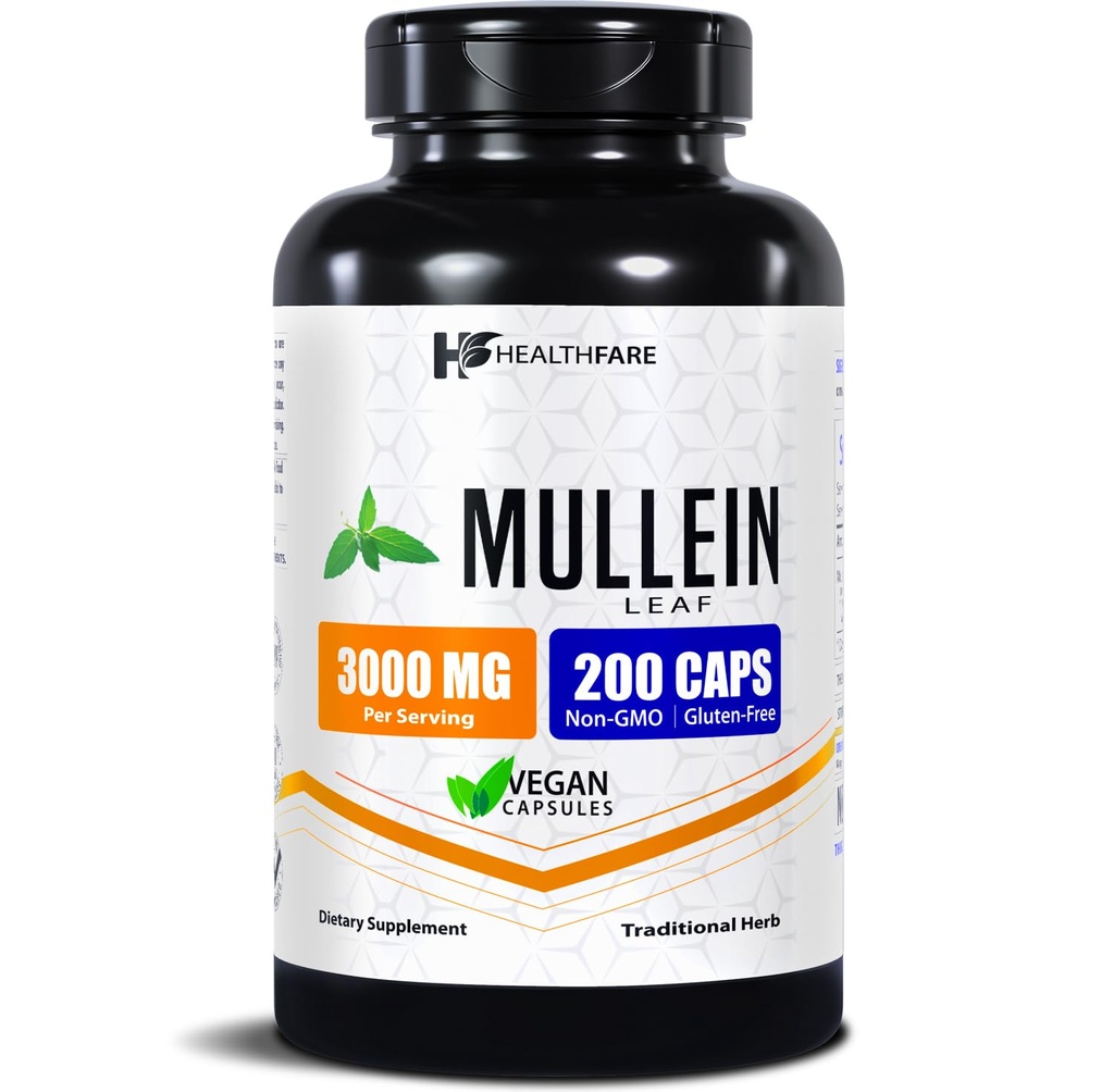Healthfare Mullein Leaf Extract 3000mg | 200 Vegan Kapslid | Extra Tugevus Taimne täiendus | Toetab Wellness & Balance | Mitte-GMO, Gluteenivaba | Valmistatud USAs