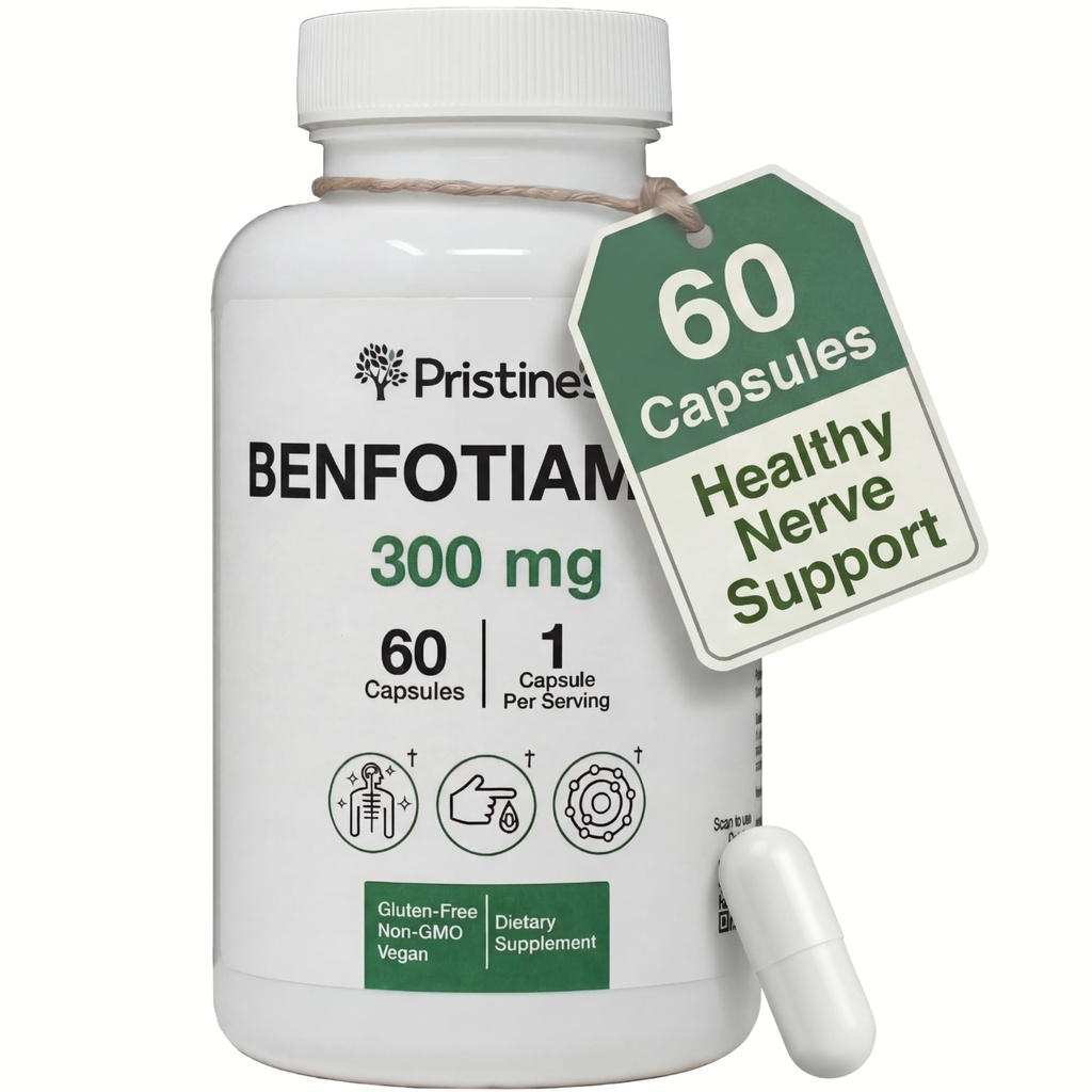 PRISTINE's Benfotiamiin 300mg kõrge biosaadavus Närvi tugisammas - 60-päevane pakkumine - rasva lahustuv vitamiin B1 toidulisandid - vegan - mitte-GMO