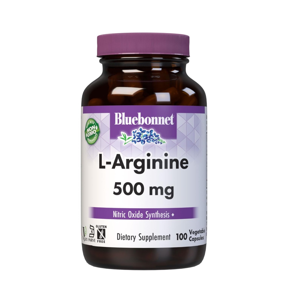 Bluebonnet Nutrition L- Arginine 500mg , vaba vormiga aminohape , lämmastikoksiidi lähteaine * , sojavaba , gluteenivaba , mitte- GMO , Kosher Certified , Vegan , 100 köögiviljakapslit , 100 serveerimist , valge