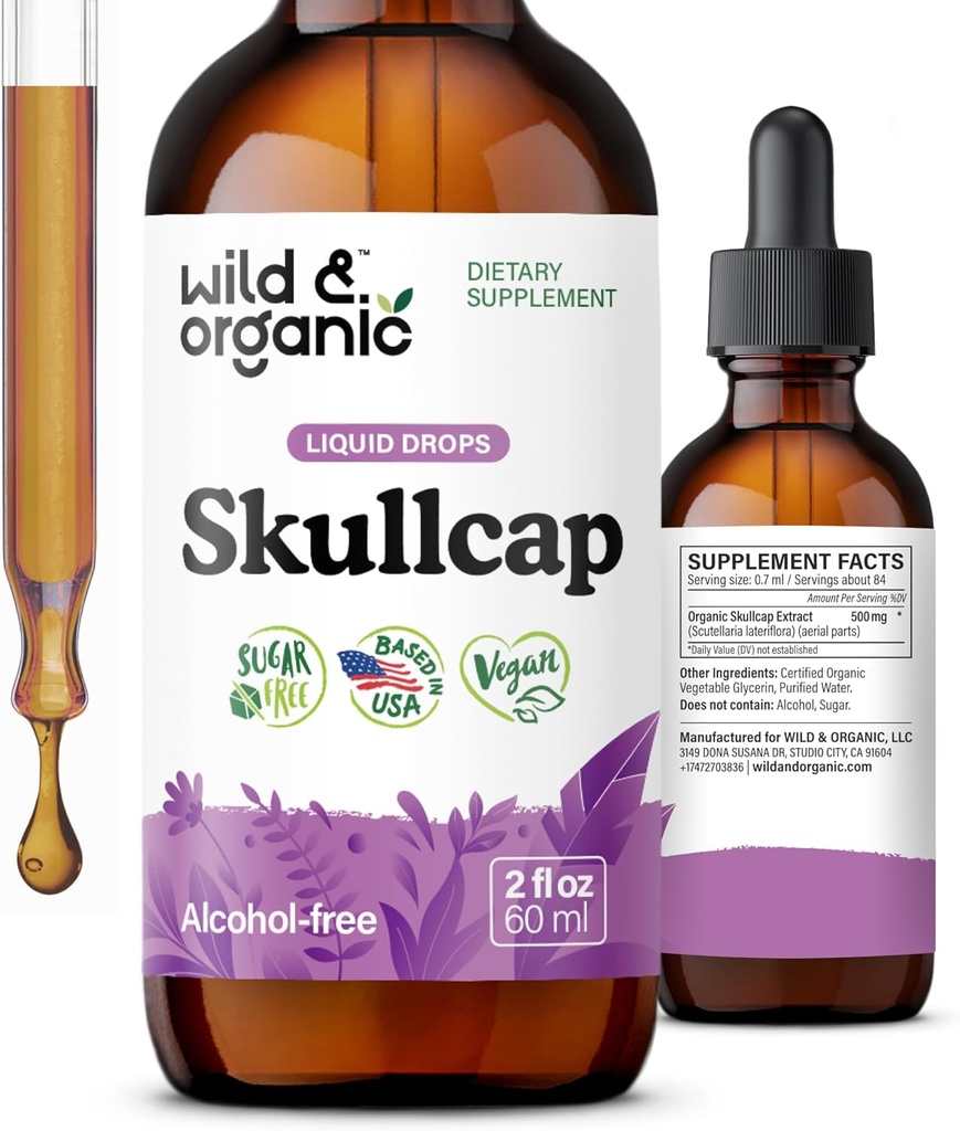 Wild & Organic Skullcap Tinktuura - Lõõgastav, hea tuju, rahulikkus - Vedel Skullcap Herb Supplement - Vegan, Suhkru & Alkoholivaba tilgad - 2 fl oz
